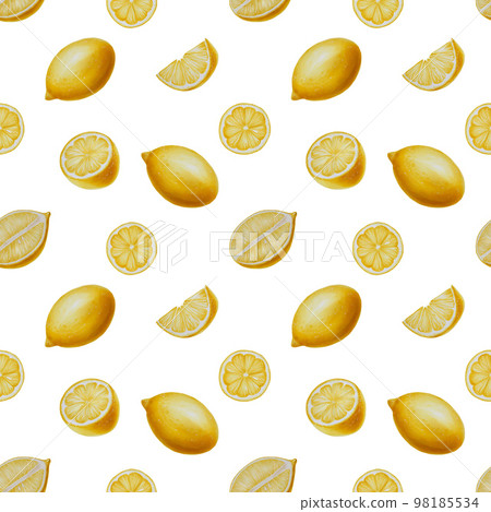 Watercolor seamless pattern with lemon. Includes lemon slices, cut lemon. Hand drawn realistic immunity strengthening set vitamins isolated illustration background Watercolor seamless pattern with lemon. Includes lemon slices, cut lemon. Hand drawn realistic immunity strengthening set vitamins isolated illustration background 98185534