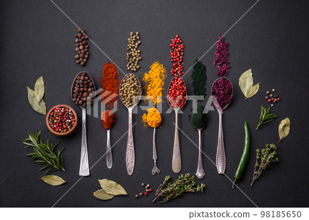Several types of spices in metal spoons paprika, tomatoes, curry, beets, cumin, turmeric, fennel, spirulina Several types of spices in metal spoons paprika, tomatoes, curry, beets, cumin, turmeric, fennel, spirulina 98185650