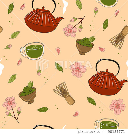Seamless pattern with matcha tea and sakura flowers. Vector graphics. Seamless pattern with matcha tea and sakura flowers. Vector graphics. 98185771