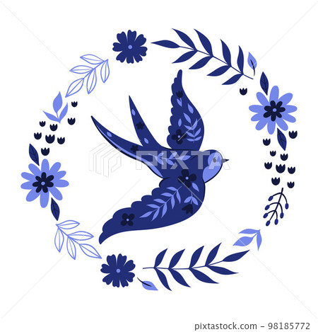 Round composition with a swallow and flowers in blue tones isolated on a white background. 98185772