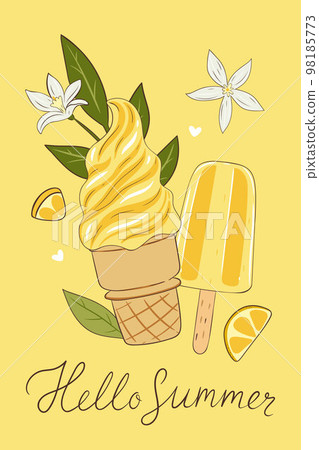 Postcard or poster with lemon ice cream and lemon slices. Vector graphics. Postcard or poster with lemon ice cream and lemon slices. Vector graphics. 98185773