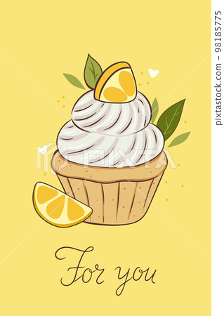 Postcard or poster with a lemon muffin and a slice of lemon. Vector graphics. 98185775