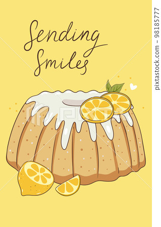 Postcard or poster with lemon cake and lemon slices. Vector graphics. 98185777