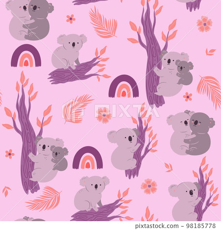 Seamless pattern with cute koalas, rainbows and leaves. Vector graphics. 98185778
