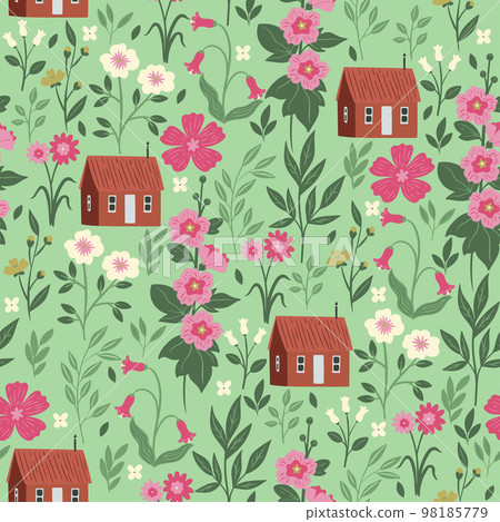 Seamless pattern with houses and flowers. Vector graphics. Seamless pattern with houses and flowers. Vector graphics. 98185779