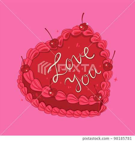 Red heart-shaped cake decorated with cherries. Vector graphics. Red heart-shaped cake decorated with cherries. Vector graphics. 98185781