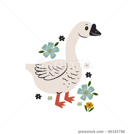 Cute goose and flowers isolated on white background. Vector graphics. Cute goose and flowers isolated on white background. Vector graphics. 98185786