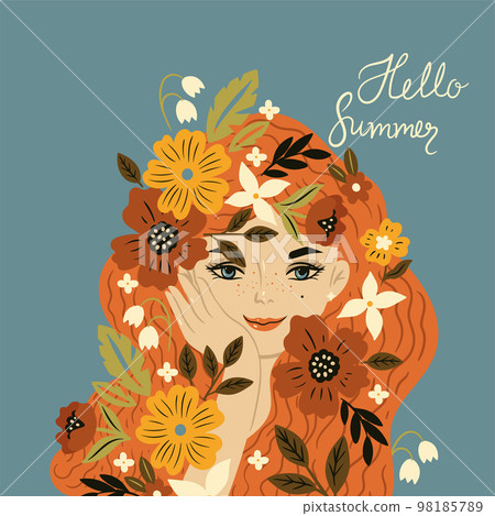 Postcard with a portrait of a girl with flowers in her hair. Vector graphics. Postcard with a portrait of a girl with flowers in her hair. Vector graphics. 98185789
