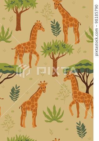 Seamless pattern with giraffes in the savanna. Vector graphics. Seamless pattern with giraffes in the savanna. Vector graphics. 98185790