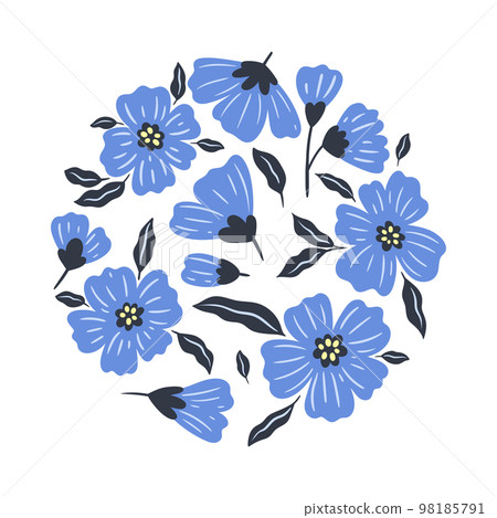 Round composition with blue flowers isolated on white background. Vector graphics. 98185791