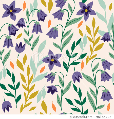 Seamless pattern with bluebell flowers and leaves. Vector graphics. Seamless pattern with bluebell flowers and leaves. Vector graphics. 98185792
