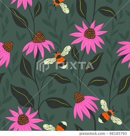 Seamless pattern with bumblebees and echinacea flowers. Vector graphics. 98185793