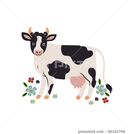 Cute cow and flowers isolated on white background. Vector graphics. 98185794