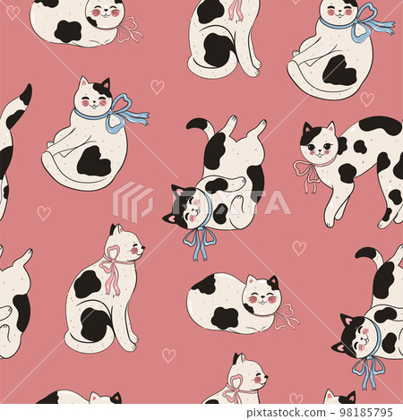 Seamless pattern with cute spotted cats. Vector graphics. Seamless pattern with cute spotted cats. Vector graphics. 98185795