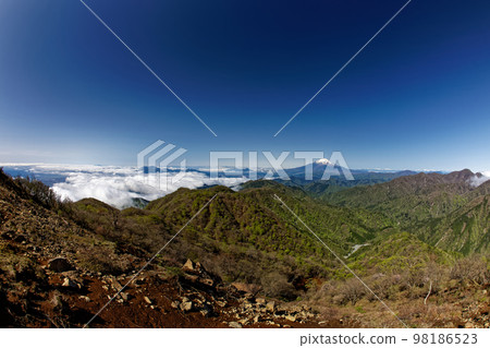 Mt. Fuji and the fresh green mountain range seen from the summit of Mt. Tonodake in the Tanzawa Mountains Mt. Fuji and the fresh green mountain range seen from the summit of Mt. Tonodake in the Tanzawa Mountains 98186523
