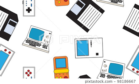 Seamless pattern endless with electronics and technology computer game consoles old retro vintage hipster from 70s, 80s, 90s isolated on white background. Vector illustration 98186667