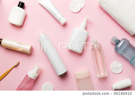 Mockup for bathing products top view flat lay, spa razor, toothpaste, soap, gel and other various accessories. Cosmetics for skin health. Bath Mockup for your logo Mockup for bathing products top view flat lay, spa razor, toothpaste, soap, gel and other various accessories. Cosmetics for skin health. Bath Mockup for your logo 98186910