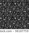 Black and white seamless vector pattern with cat faces 98187759