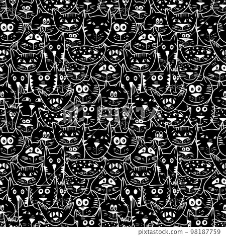 Black and white seamless vector pattern with cat faces 98187759