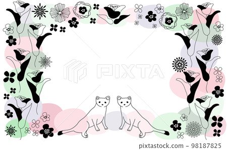 可愛的手繪框架與斯堪的納維亞風格的花朵和白鼬 98187825