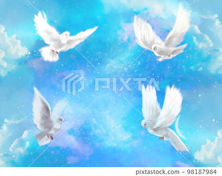 白鴿風景插畫，和平的象徵，快樂地飛翔在星空宇宙和雲海中 98187984