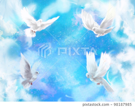 A landscape illustration of white doves, a symbol of peace, happily flying around the starry universe and the sea of clouds A landscape illustration of white doves, a symbol of peace, happily flying around the starry universe and the sea of clouds 98187985