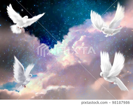 白鴿風景插畫，和平的象徵，快樂地飛翔在星空宇宙和雲海中 98187986