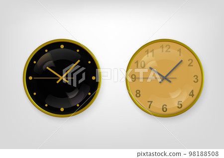 Vector 3d Realistic Classic Metal Golden Wall Office Clock Icon Set Closeup Isolated on Transparent Background. Vector 3d Realistic Classic Metal Golden Wall Office Clock Icon Set Closeup Isolated on Transparent Background. 98188508