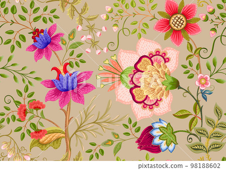 Fantasy flowers in retro, vintage, jacobean embroidery style. Fantasy flowers in retro, vintage, jacobean embroidery style. 98188602