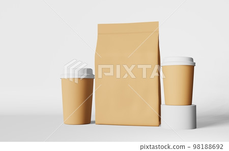 Paper coffee cups with white lid pouch bag mockup on podium 3D rendering. Coffee shop discount sale demonstration design 98188692