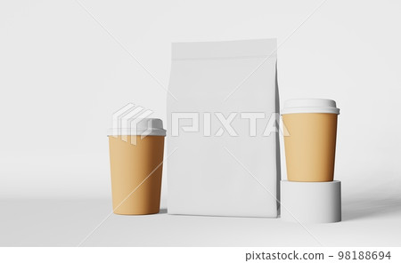 Paper coffee cups with white lid pouch bag mockup on podium 3D rendering. Coffee shop discount sale demonstration design 98188694