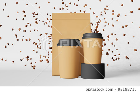 Paper pouch bag coffee cups black lids falling beans podium 3D rendering. Coffee shop discount. Hot drinks demonstration Paper pouch bag coffee cups black lids falling beans podium 3D rendering. Coffee shop discount. Hot drinks demonstration 98188713