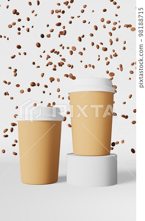 Paper coffee cup white lid falling beans 3D rendering. Coffee shop discount demonstration podium. Hot drinks sale banner Paper coffee cup white lid falling beans 3D rendering. Coffee shop discount demonstration podium. Hot drinks sale banner 98188715
