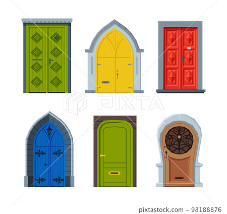 Wooden ancient and classic closed front doors set. Entries to apartments, houses and buildings set cartoon vector illustration 98188876
