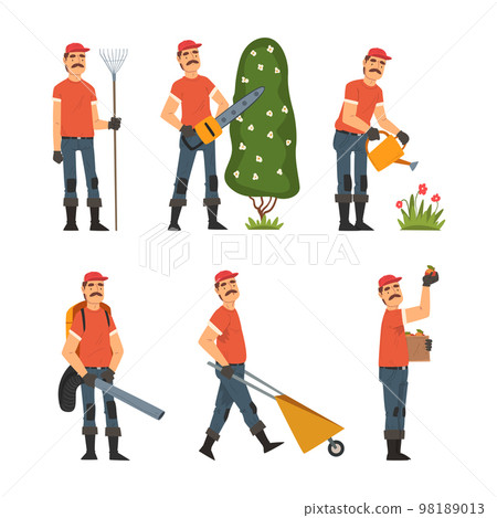 Professional gardener working in garden tools. Farm worker trimming bushes, harvesting, watering flowers cartoon vector illustration 98189013