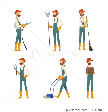 Professional gardener in overalls working in garden tools. Farm worker mowing grass, harvesting, watering plants cartoon vector illustration Professional gardener in overalls working in garden tools. Farm worker mowing grass, harvesting, watering plants cartoon vector illustration 98189015