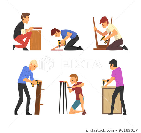 Men assembling furniture set. Male characters making wooden furniture using drill cartoon vector illustration Men assembling furniture set. Male characters making wooden furniture using drill cartoon vector illustration 98189017