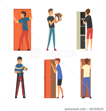 Men assembling furniture at home set. Male characters making wooden furniture cartoon vector illustration 98189020