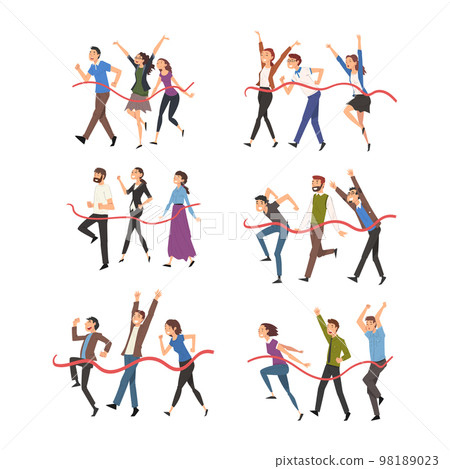 Set of cheerful people crossing finish line. Business team won competitions cartoon vector illustration Set of cheerful people crossing finish line. Business team won competitions cartoon vector illustration 98189023