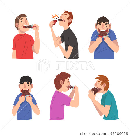 Funny men eating chocolate set. People addicted of sweets cartoon vector illustration 98189028