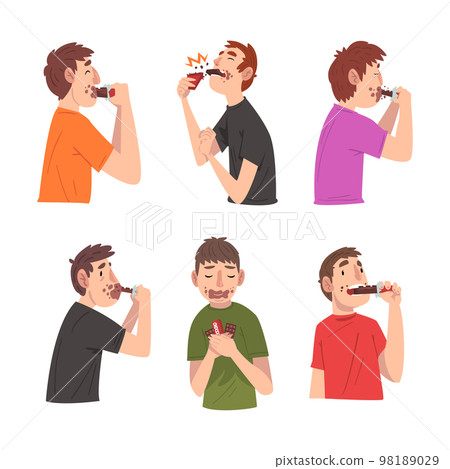 Funny men eating chocolate set. Funny male characters with mouth stained with chocolate. People addicted of sweets cartoon vector illustration 98189029