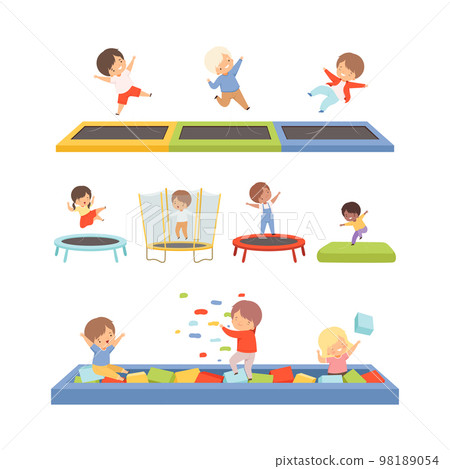Kids having fun on playground set. Cute boys and girls jumping on trampoline and playing colorful toy blocks cartoon vector illustration 98189054
