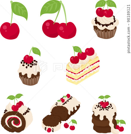 各種可愛的櫻桃糖果圖標，如蛋糕卷、磅蛋糕和煎餅 98189121