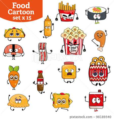 Set of fast food cute cartoon characters Vector Set of fast food cute cartoon characters Vector 98189340