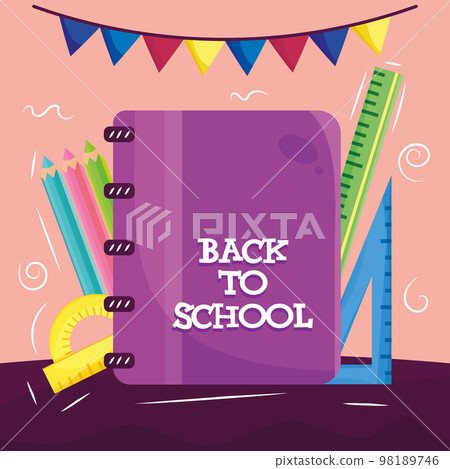 Isolated purple notebook with rules and colored pencils Back to school Vector Isolated purple notebook with rules and colored pencils Back to school Vector 98189746