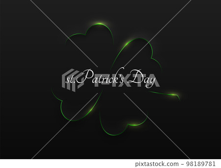 Minimalist shiny green soft 3D clover leaf thin line shape abstract frame design. st Patrick's Day white text. Minimal holiday poster, banner. Four-leaf black background simple vector illustration 98189781