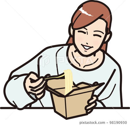 Woman eating pasta in a takeout box Woman eating pasta in a takeout box 98190930