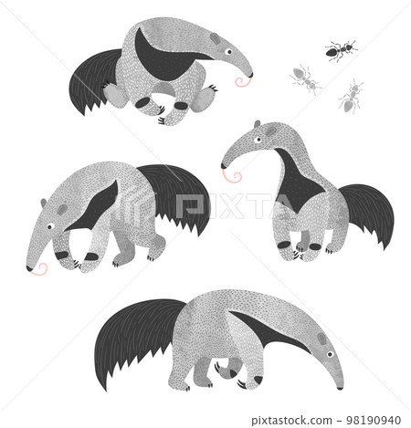 Set of cute watercolor ant-eaters and ants 98190940