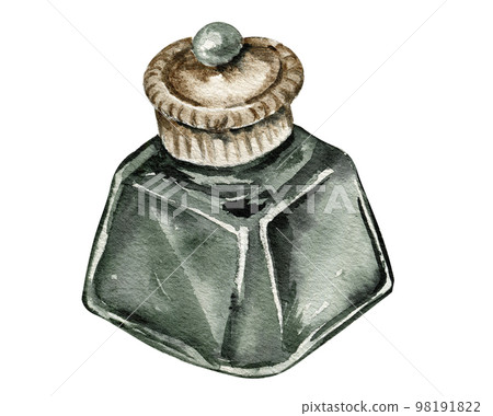 Watercolor illustration of an old glass bottles with perfume. An old rusty enamel element. Hand-drawn in watercolour on a white background. Perfect for wedding invitation, greetings card, posters. Watercolor illustration of an old glass bottles with perfume. An old rusty enamel element. Hand-drawn in watercolour on a white background. Perfect for wedding invitation, greetings card, posters. 98191822