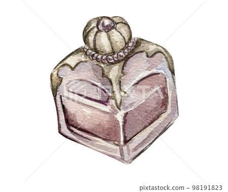 Watercolor illustration of an old glass bottles with perfume. An old rusty enamel element. Hand-drawn in watercolour on a white background. Perfect for wedding invitation, greetings card, posters. Watercolor illustration of an old glass bottles with perfume. An old rusty enamel element. Hand-drawn in watercolour on a white background. Perfect for wedding invitation, greetings card, posters. 98191823